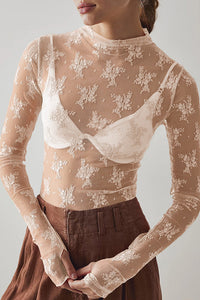 Willluxe® Sheer Floral Lace Long Sleeve Mesh Top Layering Undershirt