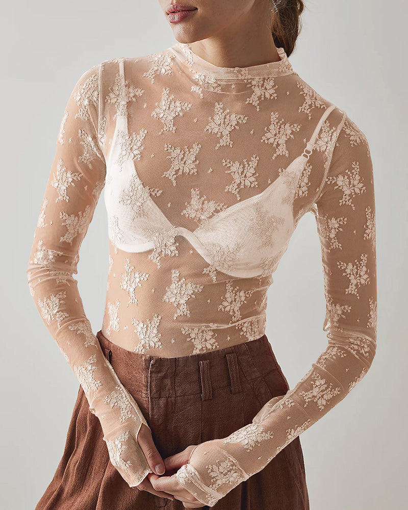 Willluxe® Sheer Floral Lace Long Sleeve Mesh Top Layering Undershirt