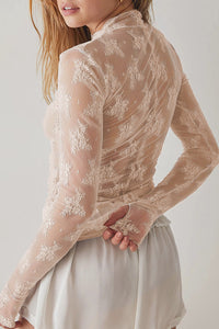 Willluxe® Sheer Floral Lace Long Sleeve Mesh Top Layering Undershirt