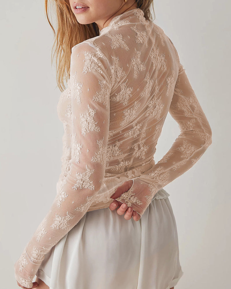 Willluxe® Sheer Floral Lace Long Sleeve Mesh Top Layering Undershirt