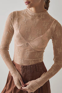 Willluxe® Sheer Floral Lace Long Sleeve Mesh Top Layering Undershirt