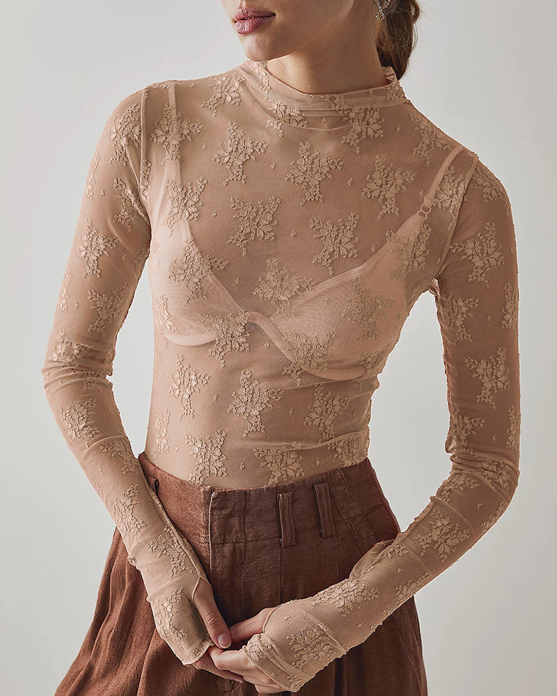 Willluxe® Sheer Floral Lace Long Sleeve Mesh Top Layering Undershirt
