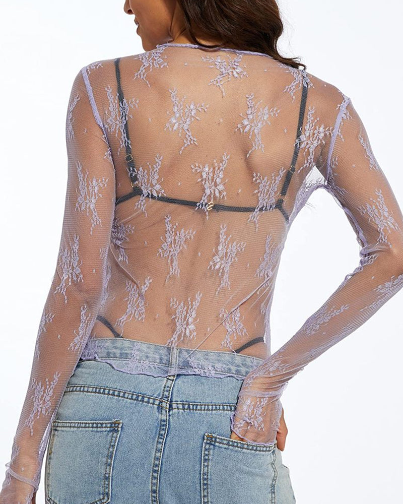 Willluxe® Sheer Floral Lace Long Sleeve Mesh Top Layering Undershirt