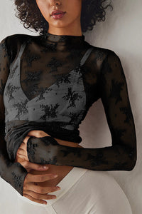 Willluxe® Sheer Floral Lace Long Sleeve Mesh Top Layering Undershirt