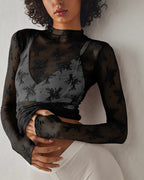 Willluxe® Sheer Floral Lace Long Sleeve Mesh Top Layering Undershirt
