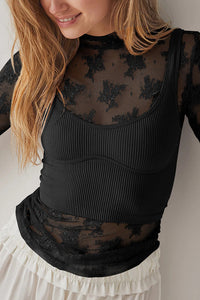 Willluxe® Sheer Floral Lace Long Sleeve Mesh Top Layering Undershirt