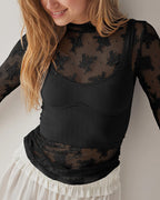 Willluxe® Sheer Floral Lace Long Sleeve Mesh Top Layering Undershirt
