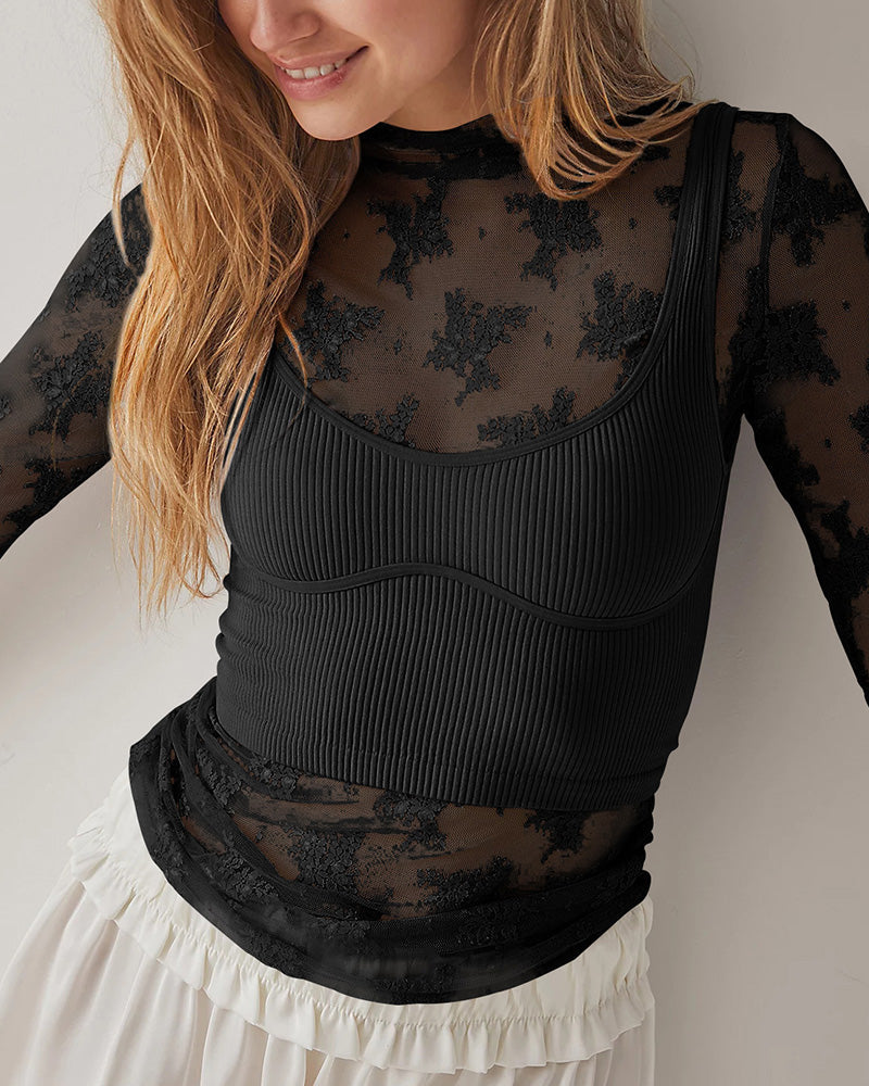 Willluxe® Sheer Floral Lace Long Sleeve Mesh Top Layering Undershirt