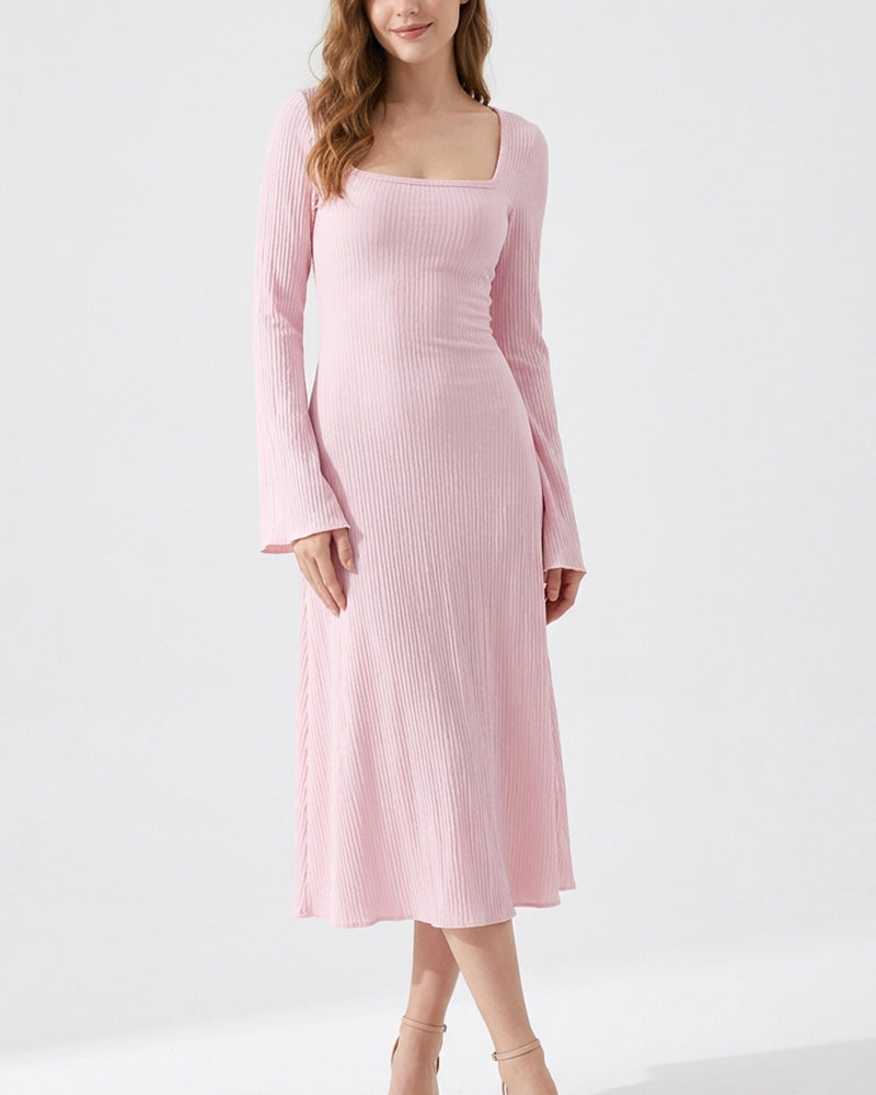 Willluxe® Square Neck Back Lace-Up Long Sleeve Maxi Dress