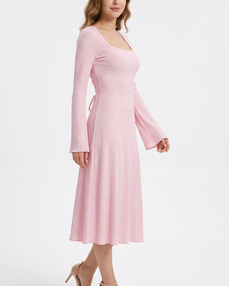 Willluxe® Square Neck Back Lace-Up Long Sleeve Maxi Dress