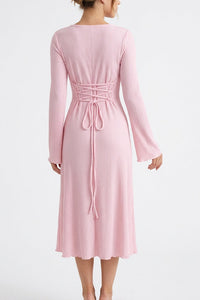 Willluxe® Square Neck Back Lace-Up Long Sleeve Maxi Dress