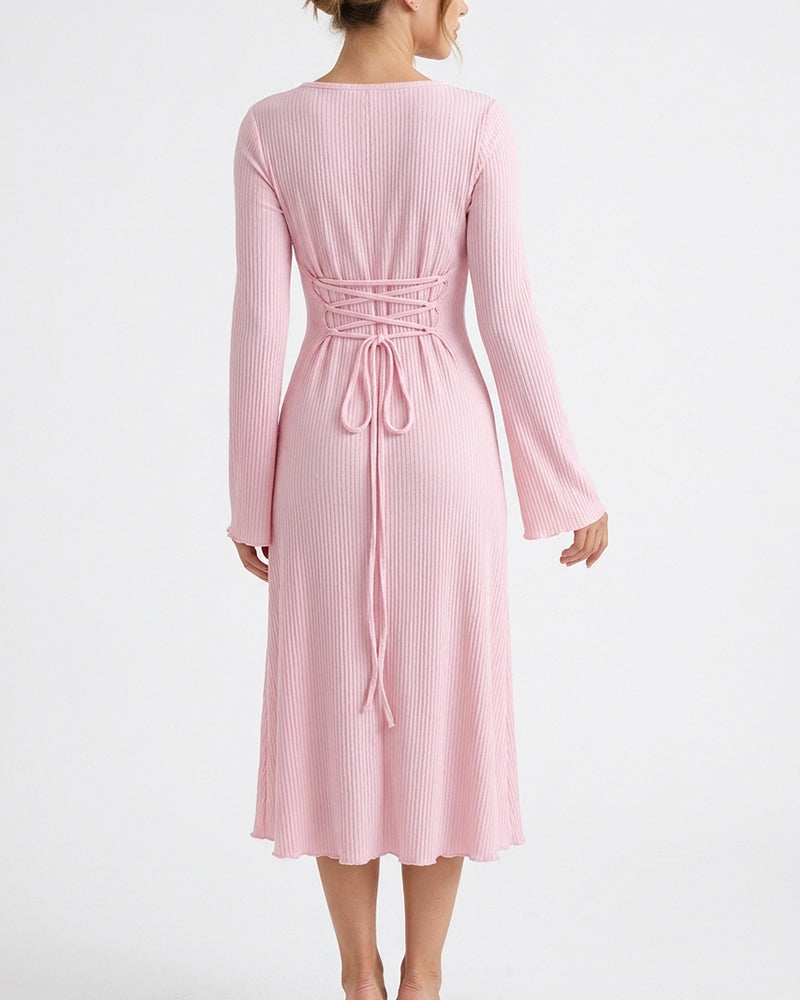 Willluxe® Square Neck Back Lace-Up Long Sleeve Maxi Dress