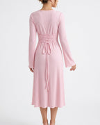 Willluxe® Square Neck Back Lace-Up Long Sleeve Maxi Dress