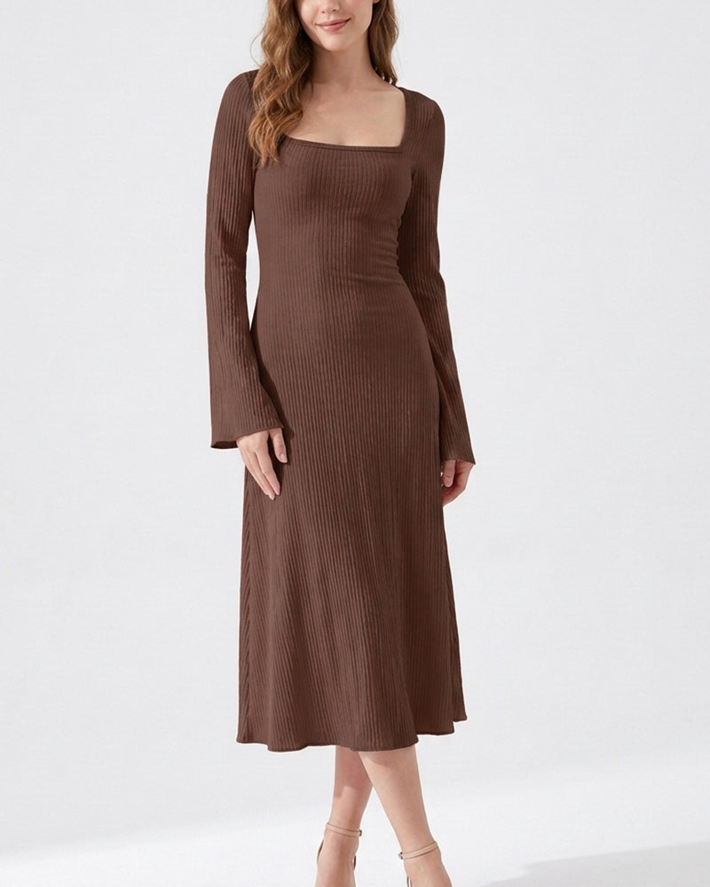 Willluxe® Square Neck Back Lace-Up Long Sleeve Maxi Dress
