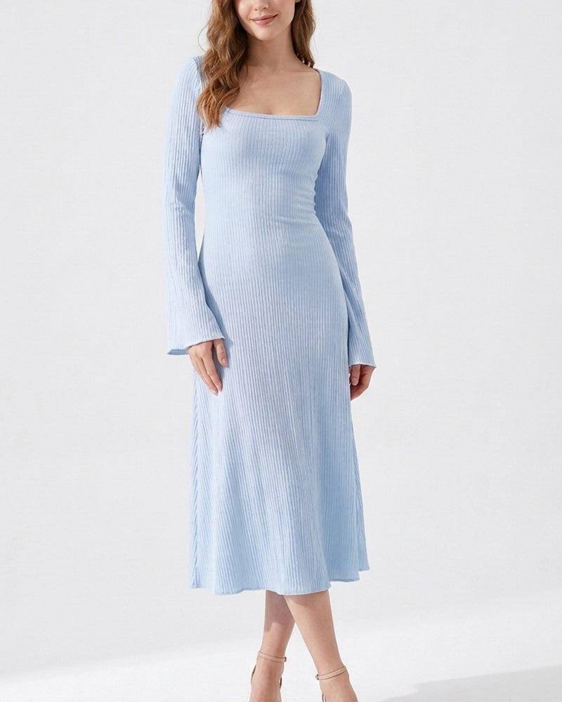 Willluxe® Square Neck Back Lace-Up Long Sleeve Maxi Dress