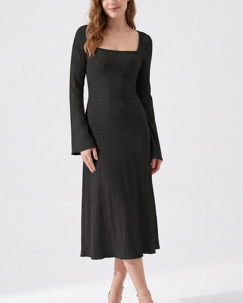 Willluxe® Square Neck Back Lace-Up Long Sleeve Maxi Dress