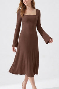 Willluxe® Square Neck Back Lace-Up Long Sleeve Maxi Dress