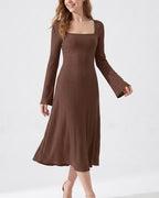 Willluxe® Square Neck Back Lace-Up Long Sleeve Maxi Dress