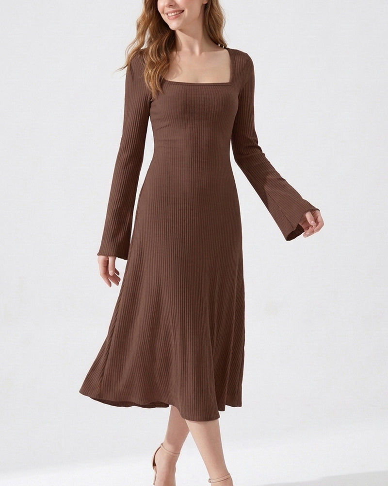 Willluxe® Square Neck Back Lace-Up Long Sleeve Maxi Dress