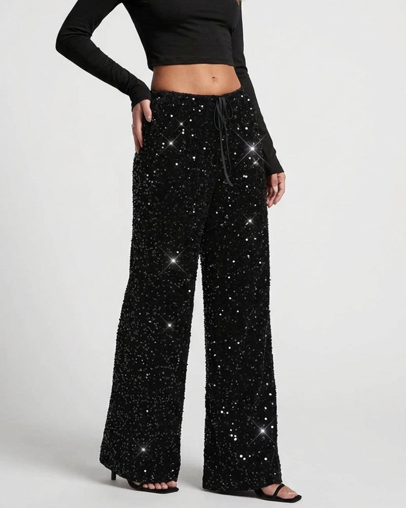 Willluxe® Starlit Sequin Drawstring Wide Leg Pants