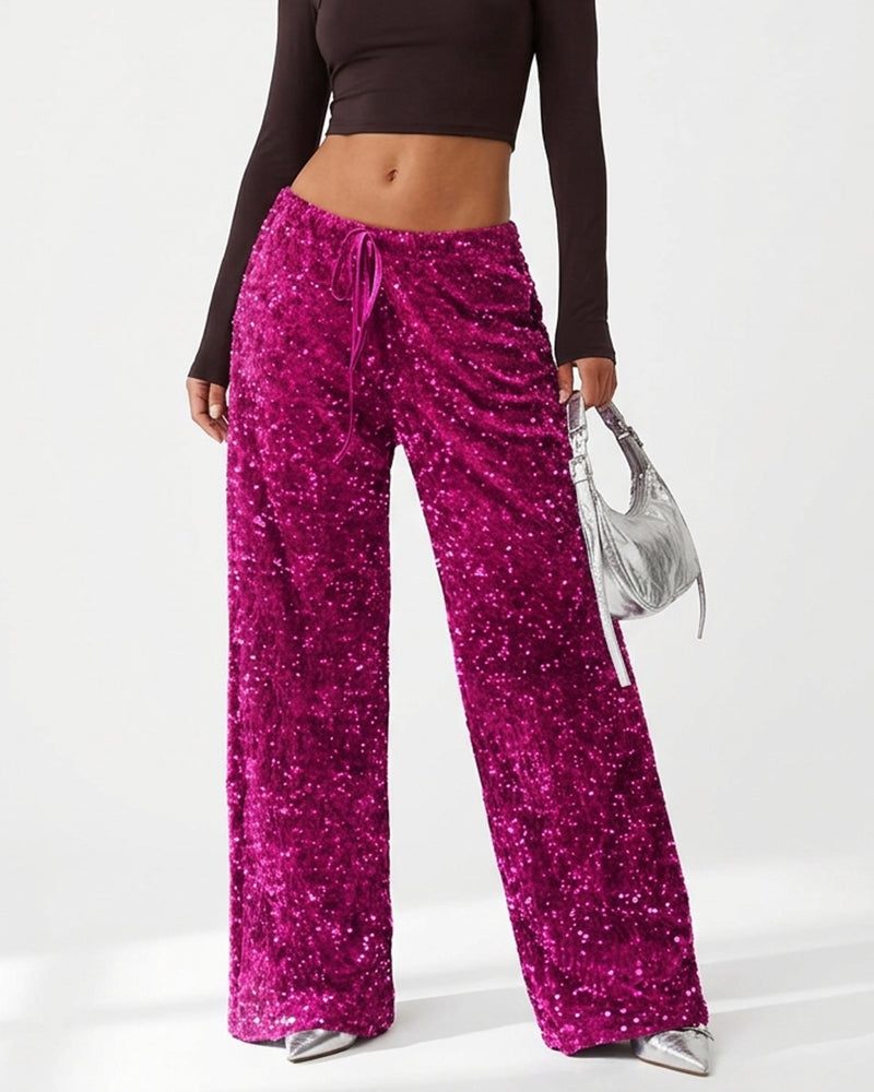 Willluxe® Starlit Sequin Drawstring Wide Leg Pants
