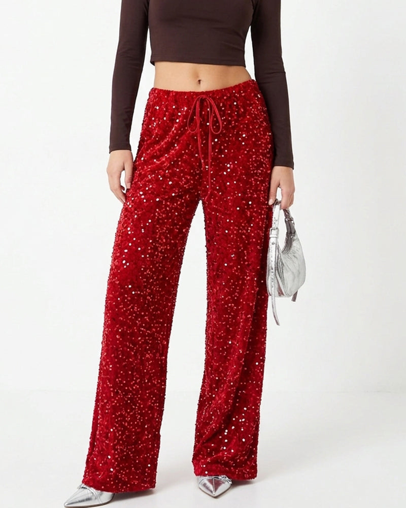 Willluxe® Starlit Sequin Drawstring Wide Leg Pants