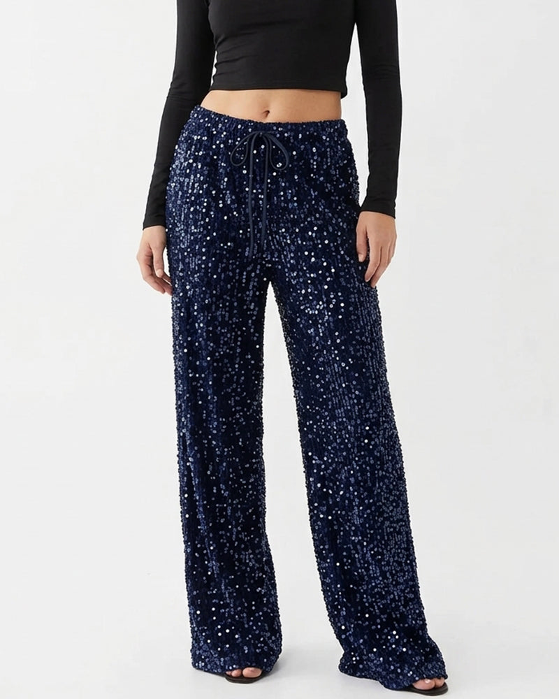 Willluxe® Starlit Sequin Drawstring Wide Leg Pants