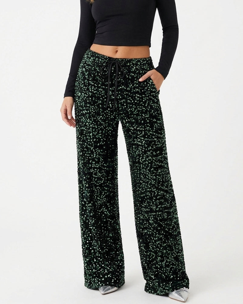 Willluxe® Starlit Sequin Drawstring Wide Leg Pants