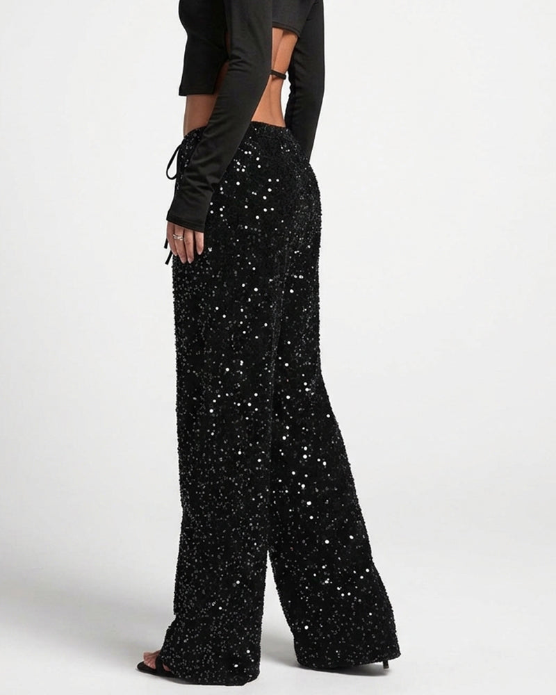 Willluxe® Starlit Sequin Drawstring Wide Leg Pants