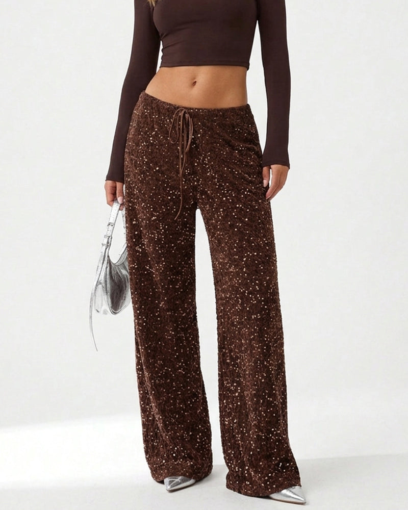 Willluxe® Starlit Sequin Drawstring Wide Leg Pants