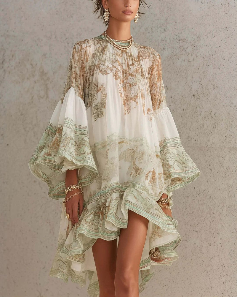 Willluxe® Bell Sleeve Print Ruffle Mini Dress
