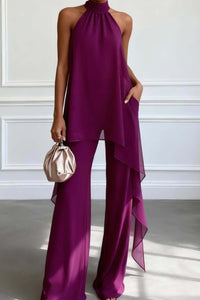 Willluxe® Elegant Halter Neck Asymmetric Chiffon Set
