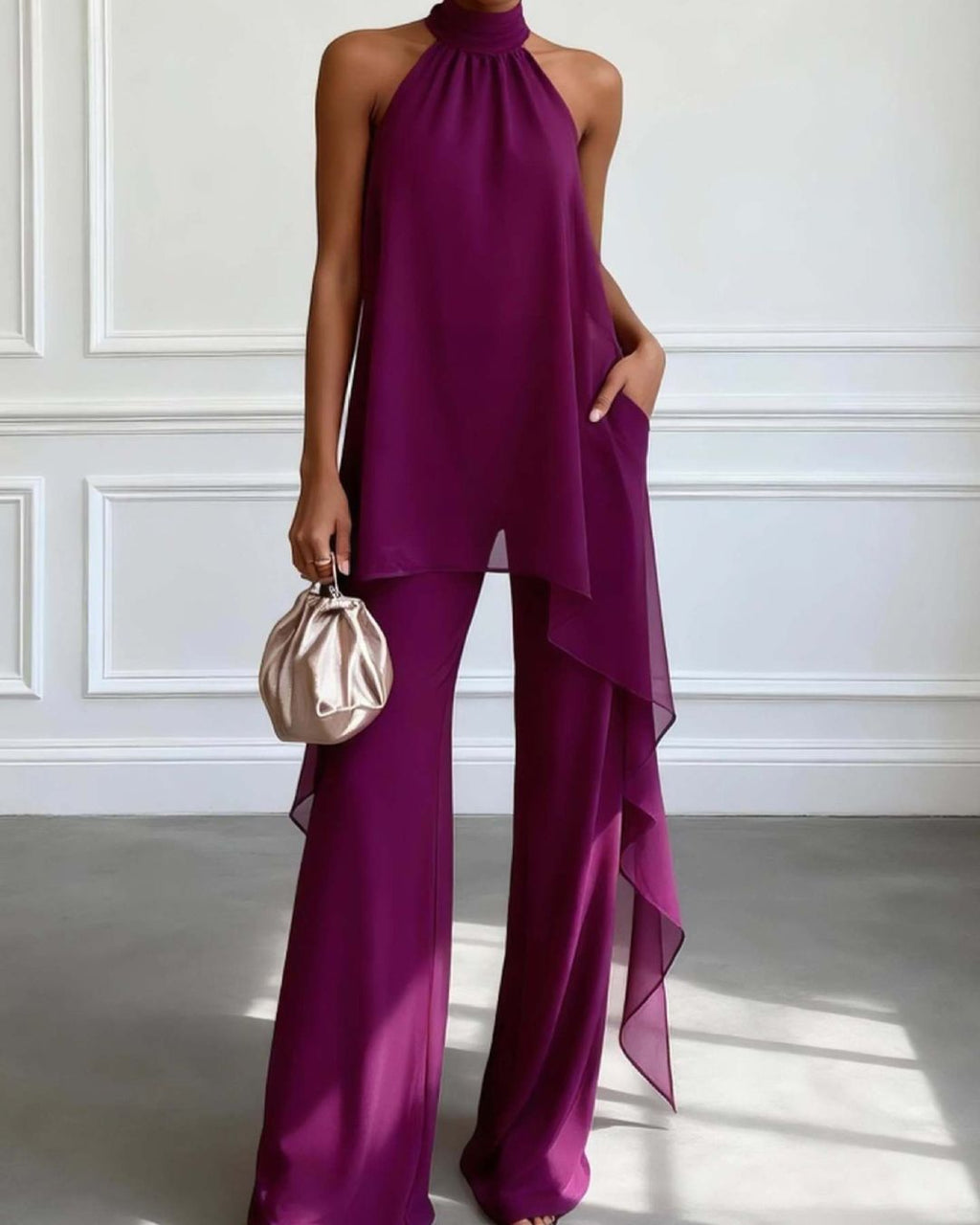 Willluxe® Elegant Halter Neck Asymmetric Chiffon Set