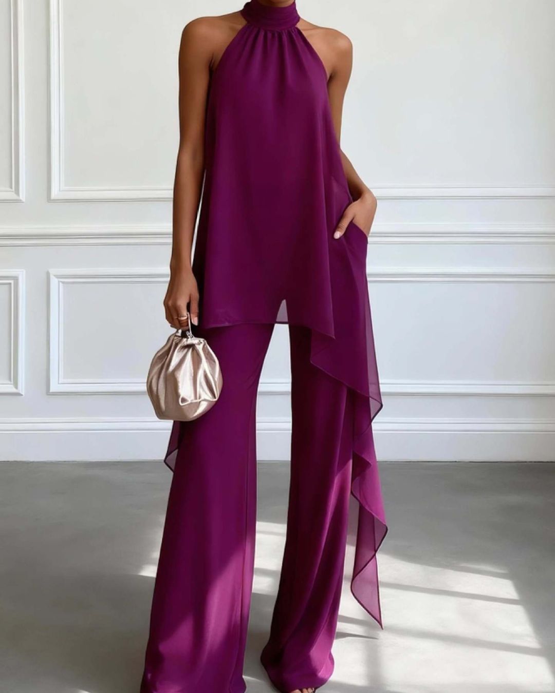 Willluxe® Elegant Halter Neck Asymmetric Chiffon Set