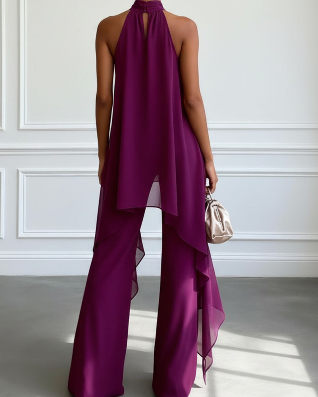 Willluxe® Elegant Halter Neck Asymmetric Chiffon Set