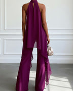 Willluxe® Elegant Halter Neck Asymmetric Chiffon Set