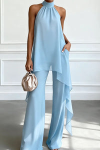 Willluxe® Elegant Halter Neck Asymmetric Chiffon Set