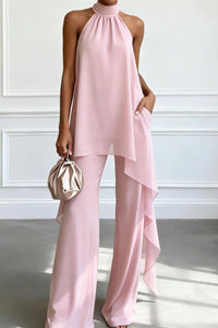 Willluxe® Elegant Halter Neck Asymmetric Chiffon Set