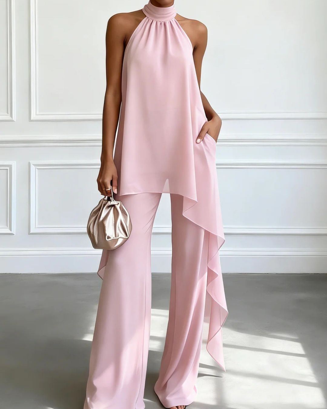 Willluxe® Elegant Halter Neck Asymmetric Chiffon Set