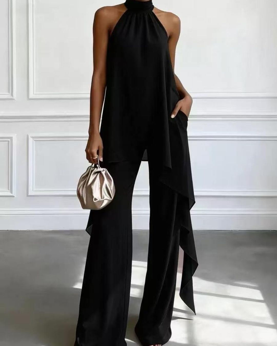 Willluxe® Elegant Halter Neck Asymmetric Chiffon Set