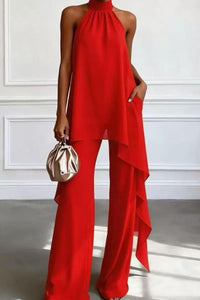 Willluxe® Elegant Halter Neck Asymmetric Chiffon Set