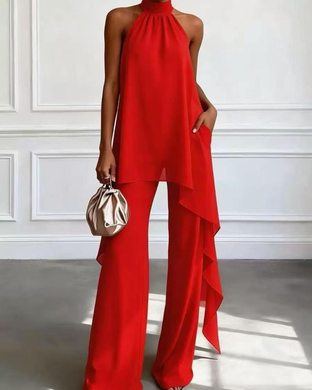 Willluxe® Elegant Halter Neck Asymmetric Chiffon Set