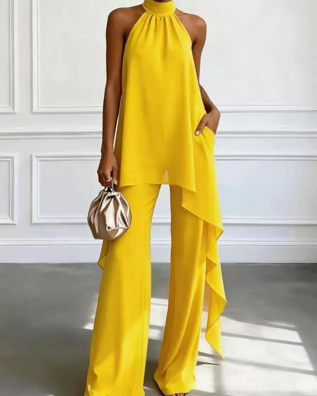 Willluxe® Elegant Halter Neck Asymmetric Chiffon Set