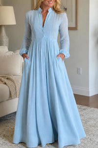 Willluxe® Stand-Up Collar Long-Sleeve Maxi Dress