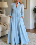 Willluxe® Stand-Up Collar Long-Sleeve Maxi Dress