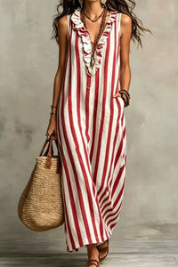 Willluxe® Stripe Ruffle V-Neck Pocket Dress