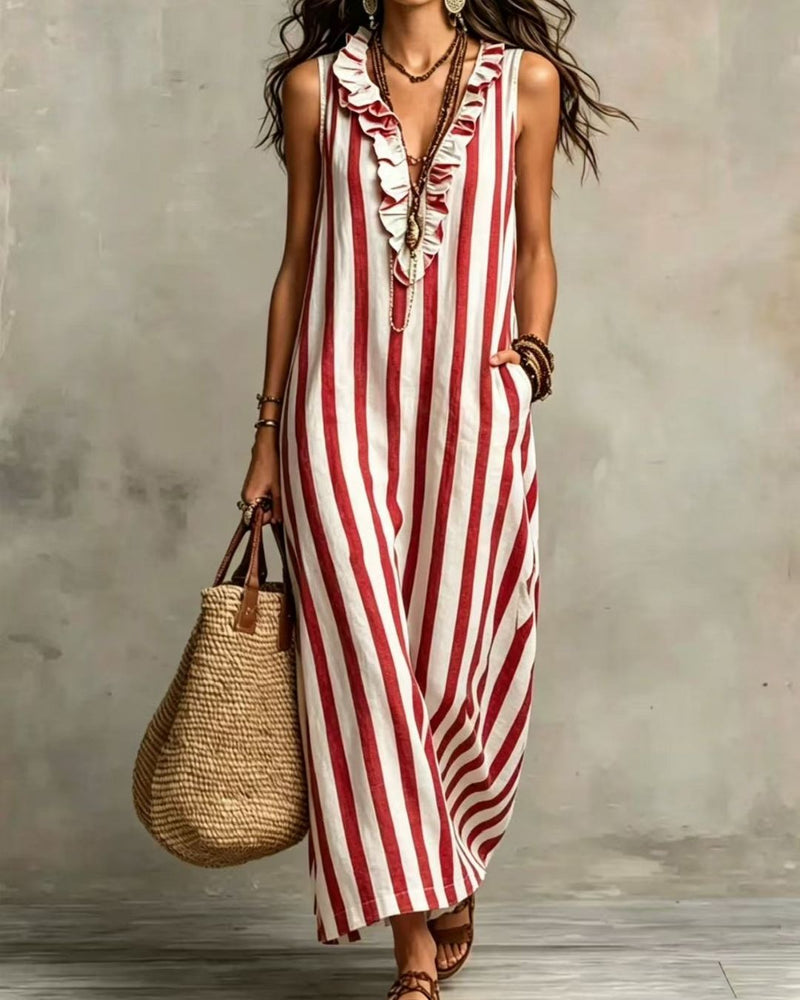 Willluxe® Stripe Ruffle V-Neck Pocket Dress