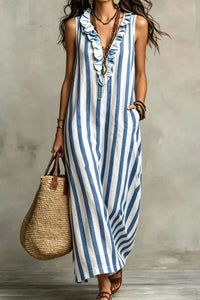 Willluxe® Stripe Ruffle V-Neck Pocket Dress