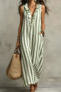 Willluxe® Stripe Ruffle V-Neck Pocket Dress
