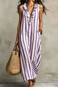 Willluxe® Stripe Ruffle V-Neck Pocket Dress